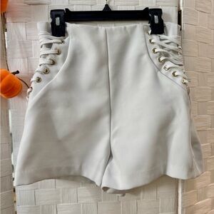 Women's White Lace-Up Side Gold Detail High Waisted Shorts